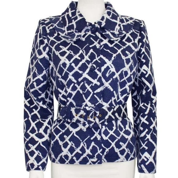 $1990 OSCAR DE LA RENTA SOFT BLUE WHITE BELTED JACKET US 10, L